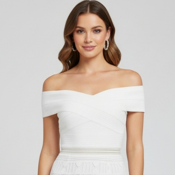 Main Strip White Off Shoulder Embroidered Zipper Back Women's Midi Dress Size M - Picture 2 of 6